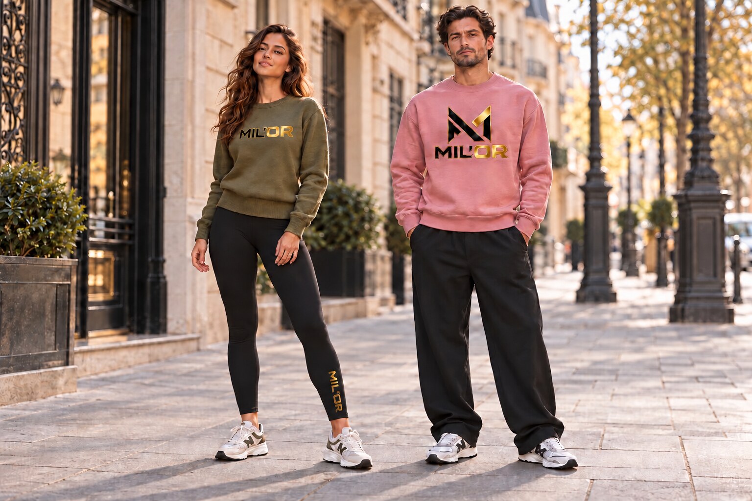 Une femme et un homme portant des vêtements MIL’OR dans un décor urbain